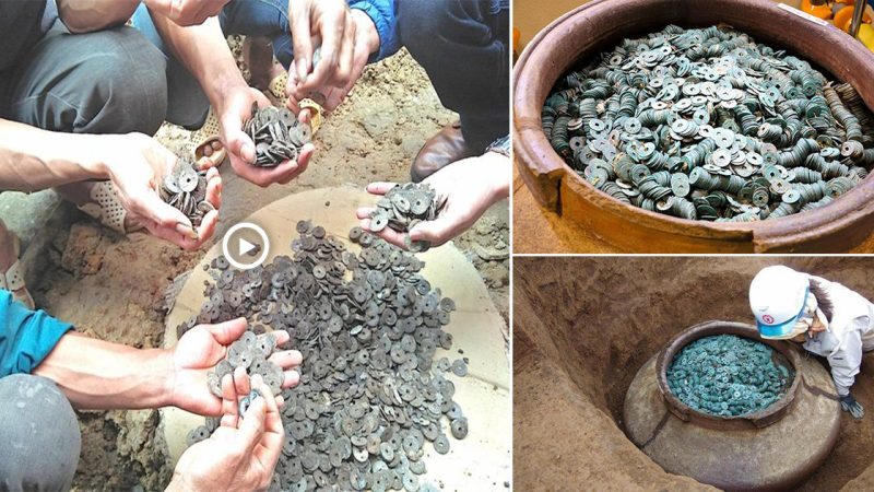 Hundreds of thousands of bronze coins in a ceramic jar. Found during excavations of a Samurai village dating back to the 15th century