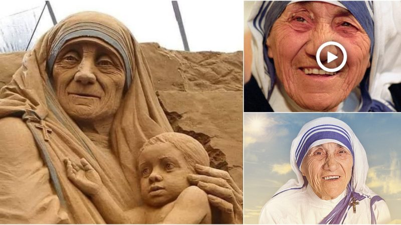 Beautiful sand statue of Mother Teresa embracing and consecrating the child of humanity