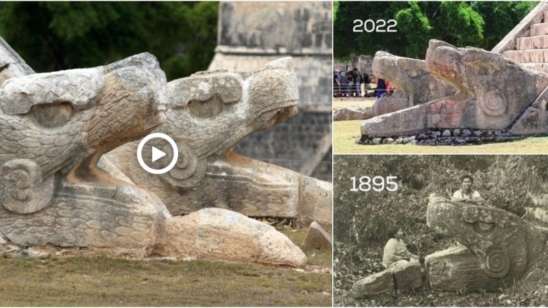 The majestic Kukulcán Pillar, located at the foot of the stairs of the pyramid ‘EI Castillo’ in the archaeological site of Chichén Itzá, was captured in 1895 and 2022.