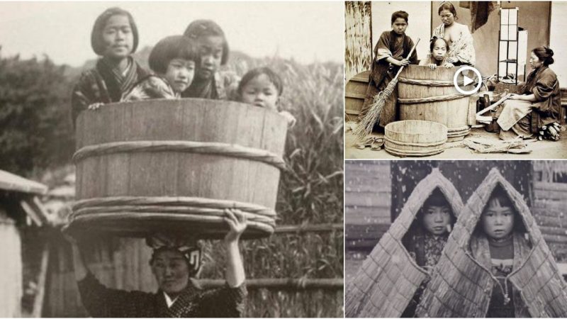 A woman holding four kids in a tub on her head.  Early 20th century, Japan.