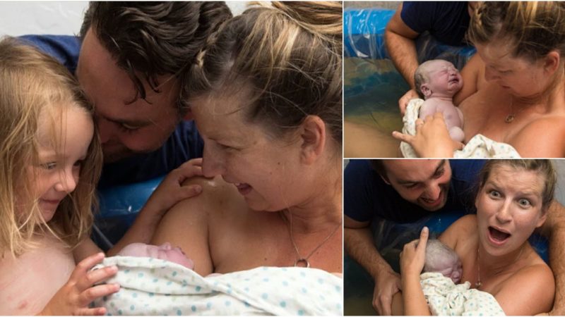 The moment captures the surprise of a mother when welcoming her second child.