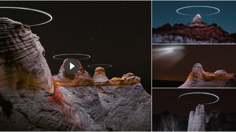 Drone light trails above the majestic mountain landscape.