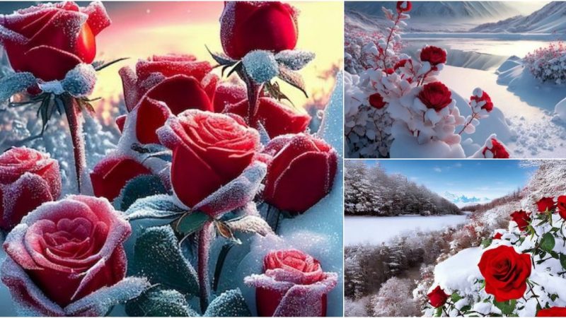 A Rare Beauty: Exquisite Roses Blooming on a Blanket of Pristine White Snow.