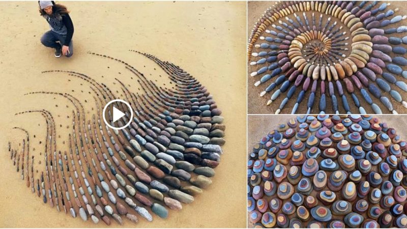 Beautiful Stone Wave Artworks on the Beach are Created by the Delicate Combination of Rocks and Sand.