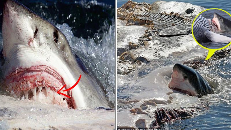 Exceptional photos of great white sharks handling a whale carcass show that they are indeed quite picky eaters.