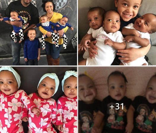 Joy in Chaos: A Mother’s Happiness with Identical Triplet Girls and 5-Year-Old Son’s Coordinated Outfits