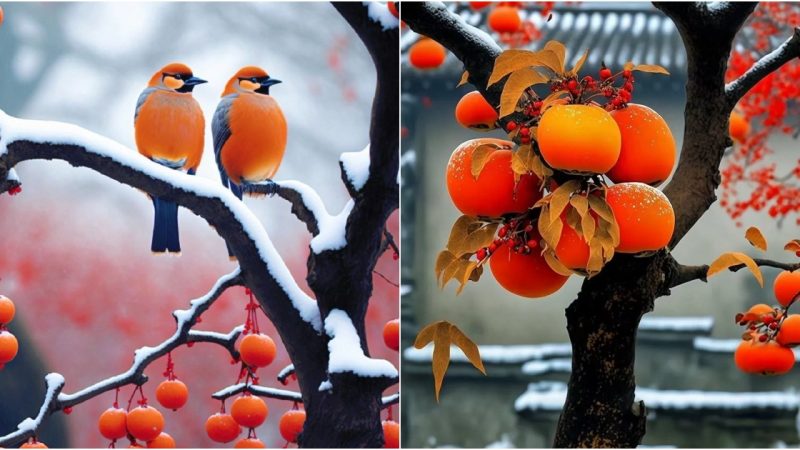 Nature’s Icy Cloak: Delicate Elegance as Snow Adorns Vibrant Oranges.