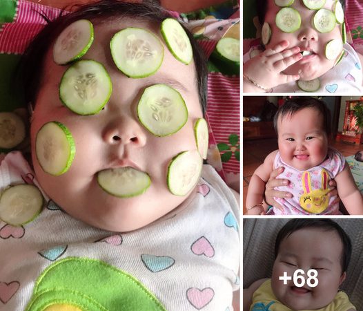 Giggles Abound: Adorable Toddler’s Hilarious Response to Mom’s Cucumber Mask Application.