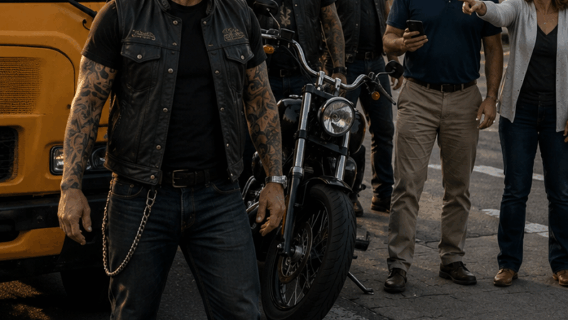 A Biker Threw Himself in Front of a School Bus — Seconds Later, Every Parent Understood Why