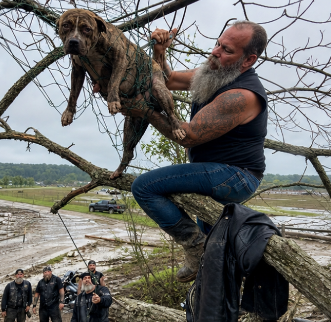 A Biker Rescued a Dog Trapped High in a Flooded Tree—Minutes Later She Gave Birth Inside His Leather Jacket